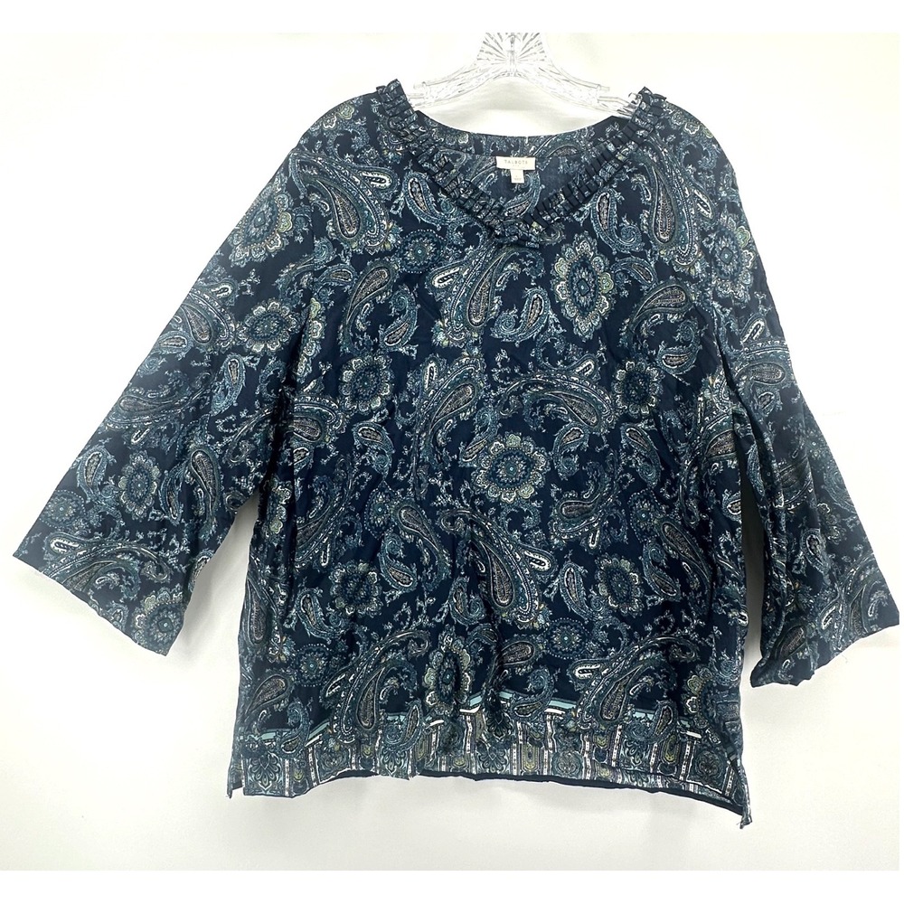 Talbots Navy Blue Paisley Cotton Ruffle V-Neck 3/4 Bell Sleeve Blouse Top Large